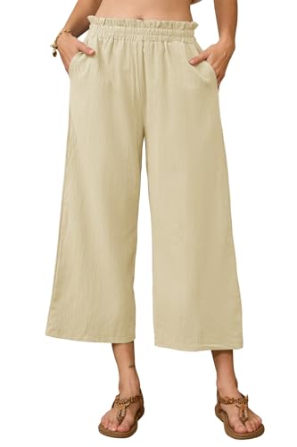 BATHRINS Leinenhose Damen 7/8 Weites Bein Sommerhose Damen Leicht Elegant Leinen Stoffhose Hohe Taille Freizeithose Causal Locker Sommer Hose mit Taschen(Beige,M) von BATHRINS