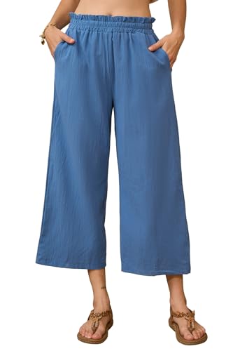 BATHRINS Leinenhose Damen 7/8 Weites Bein Sommerhose Damen Leicht Elegant Leinen Stoffhose Hohe Taille Freizeithose Causal Locker Sommer Hose mit Taschen(Blau,XL) von BATHRINS