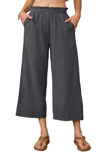 BATHRINS Leinenhose Damen 7/8 Weites Bein Sommerhose Damen Leicht Elegant Leinen Stoffhose Hohe Taille Freizeithose Causal Locker Sommer Hose mit Taschen(Dunkelgrau,XL) von BATHRINS