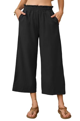 BATHRINS Leinenhose Damen 7/8 Weites Bein Sommerhose Damen Leicht Elegant Leinen Stoffhose Hohe Taille Freizeithose Causal Locker Sommer Hose mit Taschen(Schwarz,XXL) von BATHRINS