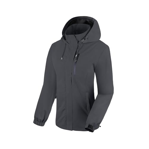 BATHRINS Regenjacke Damen Wasserdicht Atmungsaktiv Wanderjacke Windbreaker Damen Leicht Outdoor Jacke Mesh Gefüttert Fahrrad Jacke mit Kapuze(Dunkelgrau,S) von BATHRINS