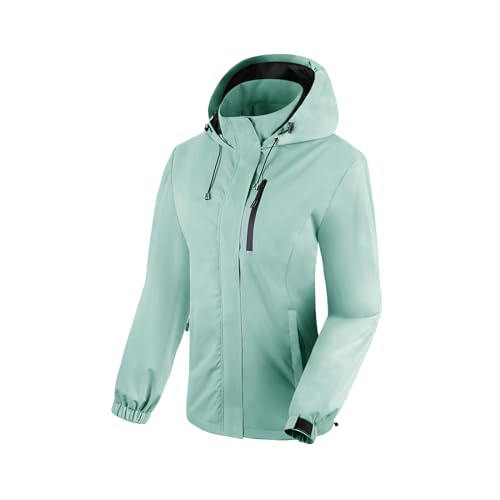 BATHRINS Regenjacke Damen Wasserdicht Atmungsaktiv Wanderjacke Windbreaker Damen Leicht Outdoor Jacke Mesh Gefüttert Fahrrad Jacke mit Kapuze（Hellgrün,XL） von BATHRINS