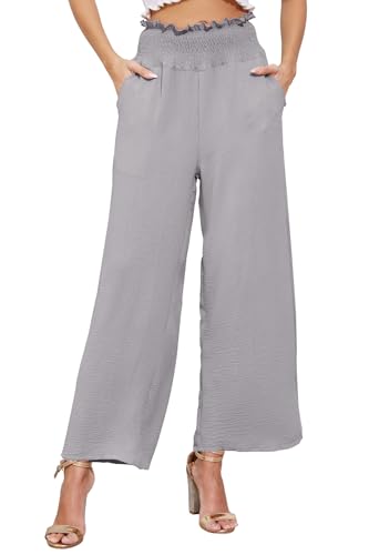 BATHRINS Sommerhose Damen Leicht Elegant Palazzo Hose Elastische Hohe Taille Stoffhose Weites Bein Freizeithose mit Taschen(Grau,M) von BATHRINS