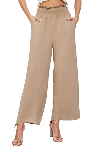 BATHRINS Sommerhose Damen Leicht Elegant Palazzo Hose Elastische Hohe Taille Stoffhose Weites Bein Freizeithose mit Taschen(Khaki,M) von BATHRINS