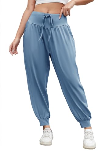 BATHRINS Yogahose Damen Lang Haremshose High Waist Jogginghose Sporthose Weite Freizeithose Elegant Leichte Pilates Hosen Pumphose mit Taschen Kordelzug（Blau,XXL） von BATHRINS