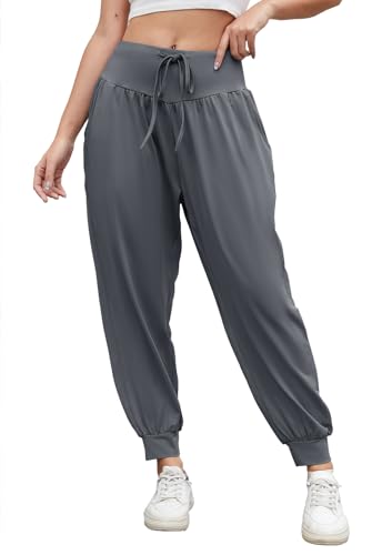 BATHRINS Yogahose Damen Lang Haremshose High Waist Jogginghose Sporthose Weite Freizeithose Elegant Leichte Pilates Hosen Pumphose mit Taschen Kordelzug（Grau,L） von BATHRINS