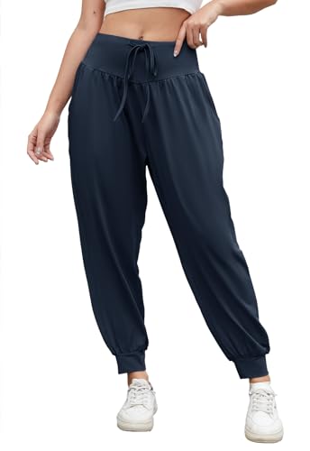 BATHRINS Yogahose Damen Lang Haremshose High Waist Jogginghose Sporthose Weite Freizeithose Elegant Leichte Pilates Hosen Pumphose mit Taschen Kordelzug（Navy Blau,XXL） von BATHRINS