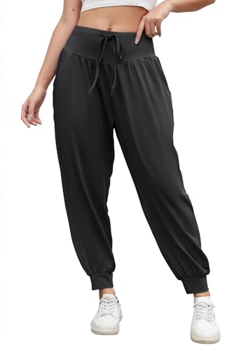 BATHRINS Yogahose Damen Lang Haremshose High Waist Jogginghose Sporthose Weite Freizeithose Elegant Leichte Pilates Hosen Pumphose mit Taschen Kordelzug（Schwarz,L） von BATHRINS