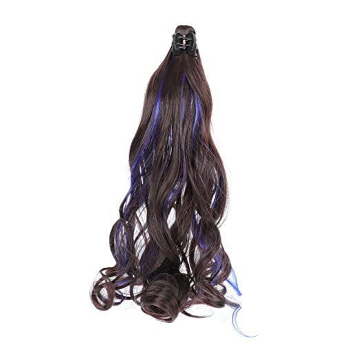 BATHVEVE 1stück Lange Ponytail Perücke Für Damen Natürliche Realistische Frisur Mit Clip Mechanismus Hochwertige Kunsthaar-haarverlängerung Tiefbraun Mit Blauen Strähnen Für Alltag von BATHVEVE