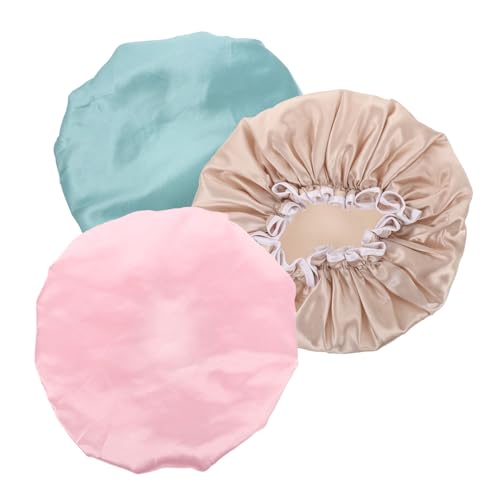 BATHVEVE 3 Stück Doppellagige Wasserdichte Satin duschhauben Elastisch Große Schützend für Haare Beim Baden und Make up in Khaki und Hellrosa Waschbar Bequem für Damen von BATHVEVE
