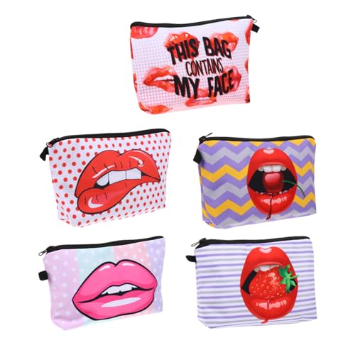 BATHVEVE 5stücke Kosmetiktasche Mit Lippen-Print-Design Reißverschluss Aus Polyestermaterial Für Damen Reise-schminktasche Mit Großem Fassungsvermögen Praktisch Für Fitnessstudio Und von BATHVEVE
