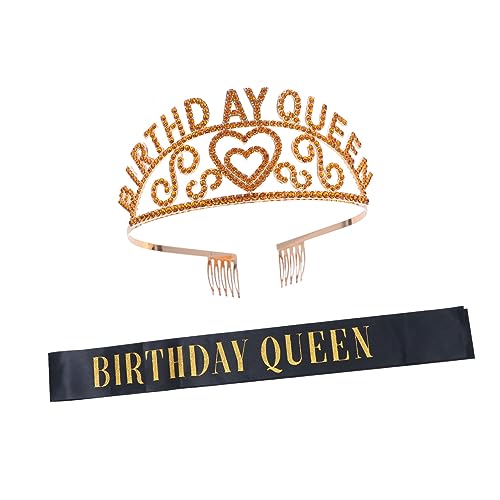 BATHVEVE Party Schärpe Geburtstagsschärpe Krone Haarreifen Party dekorative Schärpe Strass-Stirnband Haarreifen aus Strass Mädchenkrone Strass Tiara Partyetikettengürtel Legierung Golden von BATHVEVE