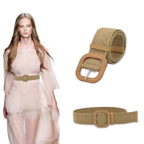 BAUCH Gürtel Damen 1 Stück 90cm Strohgeflochtener Gürtel mit Rundknopf in Hellkamel（Leinen - Stil - Outfit, für Damen Alltag ） von BAUCH