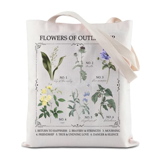 BAUNA Bookish Flower Chart Tote Bag Flowers Of Outlander, wiederverwendbare Einkaufstasche, Dark Academia Handtasche, Out Flower Tote, 35*40cm von BAUNA