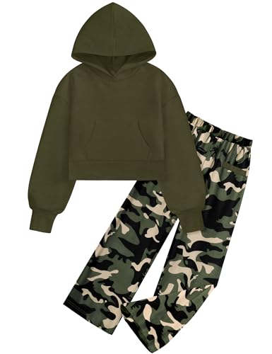 BAVADER Mädchen Kleidung Solid Hoodie Sweatshirt Bekleidungssets Camo Straight Leg Sweatpants 2-teiliges Outfit mit Taschen 6-14Y, Camouflage, 9-10 Jahre von BAVADER