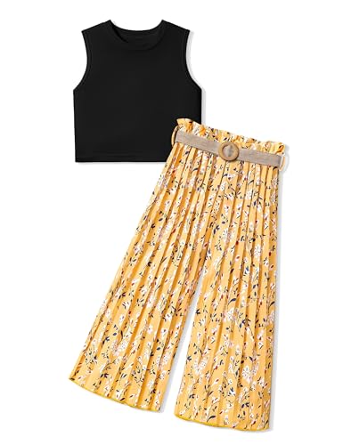 BAVADER Mädchenkleidung 6–16 Jahre, Kinderkleidung, geripptes bauchfreies Tanktop + plissierte Hose mit weitem Bein, Mädchen, 2-teiliges Sommer-Outfit, Schwarzes Oberteil + gelbe Hose, 11-12 Jahre von BAVADER