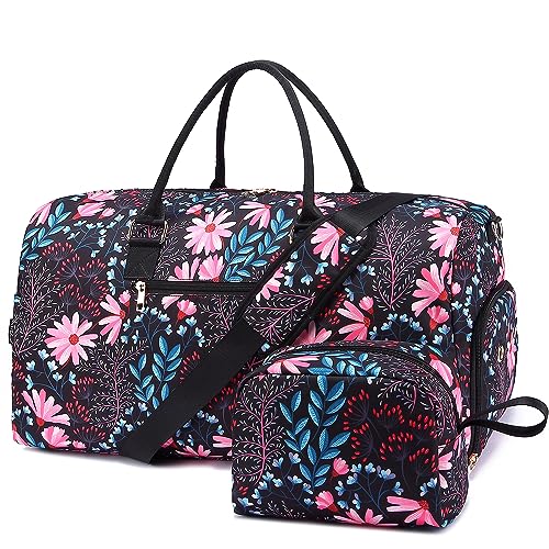 Reisetasche für Reisen, Wochenendtasche mit Schuhfach, Handgepäcktasche für Damen, Turnbeutel, Schwarz, floral von BAVERGE