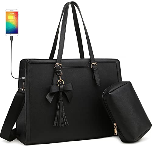 Laptoptasche für Damen, 39.6 cm (15.6 Zoll), große wasserdichte PU-Leder-Arbeitstasche mit USB-Ladeanschluss, Computer-Kuriertasche, Business-Handtaschen, Umhängetasche für Bürodame, Schwarz, modisch von BAVERGE