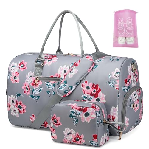 Reisetasche für Reisen, Wochenendtasche mit Schuhfach, Handgepäcktasche für Damen, Turnbeutel, Graues Blumenmuster, Tragetasche von BAVERGE