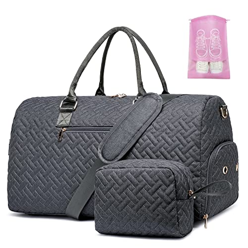 Sporttasche Reisetasche Damen, Kliniktasche Geburt Weekender Saunatasche Damen Groß Handgepäck Tasche mit Kulturtasche Schuhfach und Nassfach for Weekend Travel,Dunkel Grau von BAVERGE