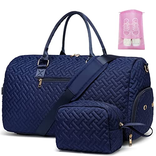 Sporttasche Reisetasche Damen, Kliniktasche Geburt Weekender Saunatasche Damen Groß Handgepäck Tasche mit Kulturtasche Schuhfach und Nassfach for Weekend Travel,Marine von BAVERGE