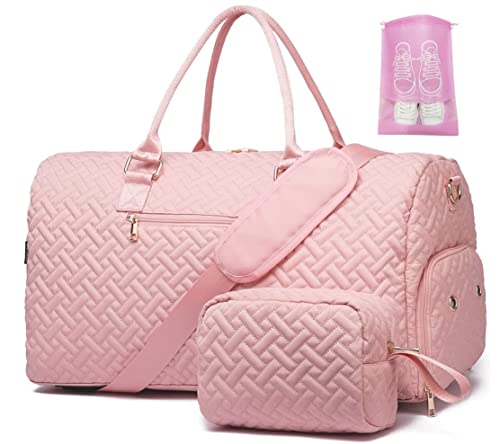 Sporttasche Reisetasche Damen, Kliniktasche Geburt Weekender Saunatasche Damen Groß Handgepäck Tasche mit Kulturtasche Schuhfach und Nassfach for Weekend Travel,Rosa von BAVERGE