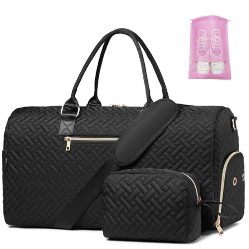Sporttasche Reisetasche Damen, Kliniktasche Geburt Weekender Saunatasche Damen Groß Handgepäck Tasche mit Kulturtasche Schuhfach und Nassfach for Weekend Travel, Schwarzes Gold von BAVERGE
