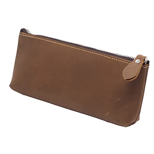 BAWAKO Federmäppchen aus hochwertigem Leder - Etui mit Reißverschluss - 20 x 3.5 x 8 cm- Elegante Federtasche für Erwachsene und Studenten, Kosmetiktasche,Schminktasche (Hellbaun, H8) von BAWAKO