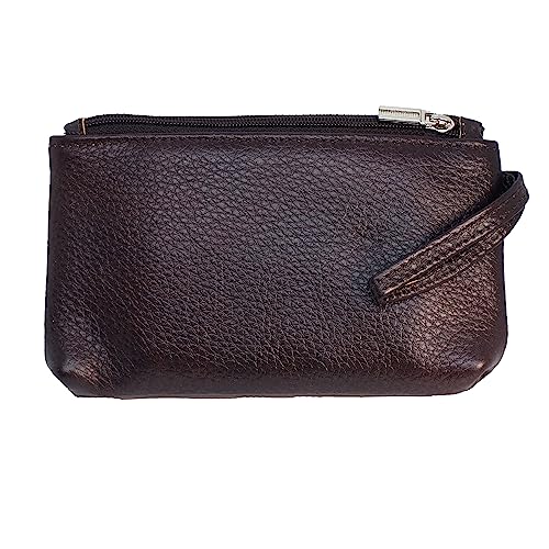BAWAKO Kleingeldbörse aus echt Leder mit Zwei Reißverschlussfächer, Portemonnaie für Kleingeld Münze Karte (Braun1 Groß) von BAWAKO