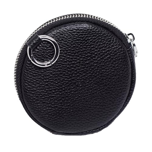 BAWAKO Kleingeldbörse rund aus Leder - Schlüsseltasche Münzbörse für Karte Kleingeld und Kleine Dinge, Münzbeutel mit Karabiner, Coin Purse Geldbeutel Kleingeldportemonnaie (Schwarz) von BAWAKO