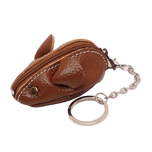 BAWAKO Mini Maus Shape Schlüsselanhänger aus Leder Kleingeldbörse Mäuschen - Mini Schlüsseltasche Münzbörse Schlüsselring Kinder und Erwachsene (Braun) von BAWAKO
