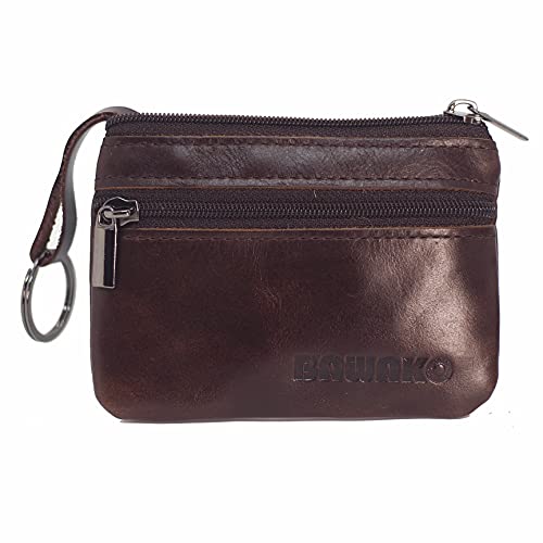 BAWAKO Münzbörse aus echtem Leder, Klein Münzen Geldbörse für Herren und Damen, mit Zwei Fächern, Reißverschluss, Schlüsselanhänger，Mini Coin Purse Wallet, Portemonnaie, S (Braun) von BAWAKO