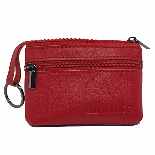 BAWAKO Münzbörse aus echtem Leder, Klein Münzen Geldbörse für Herren und Damen, mit Zwei Fächern, Reißverschluss, Schlüsselanhänger，Mini Coin Purse Wallet, Portemonnaie, S (Rot) von BAWAKO