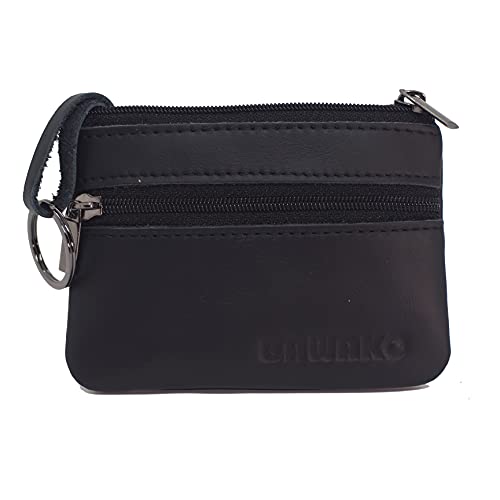 BAWAKO Münzbörse aus echtem Leder, Klein Münzen Geldbörse für Herren und Damen, mit Zwei Fächern, Reißverschluss, Schlüsselanhänger，Mini Coin Purse Wallet, Portemonnaie, S (Schwarz) von BAWAKO