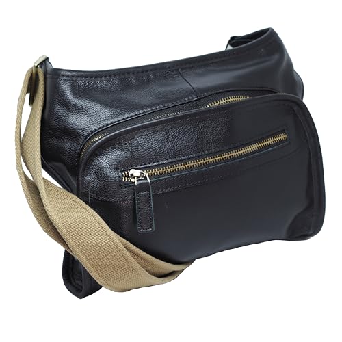 BAWAKO Umhängetasche Echtes Leder Schwarz, Tasche, Crossbody bag, Mittelgroße, Fächer Handtasche (Schwarz B) von BAWAKO