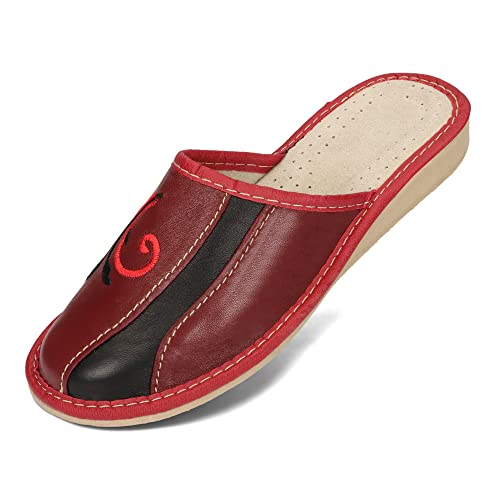 BAWAL Damen Hausschuhe aus Leder Beige Schwarz Braun Rot Pantoffeln Bequeme und Atmungsaktive Schuhe Größen 36-41 EU (Schwarz-Rot, eu_footwear_size_system, adult, numeric, medium, numeric_39) von BAWAL