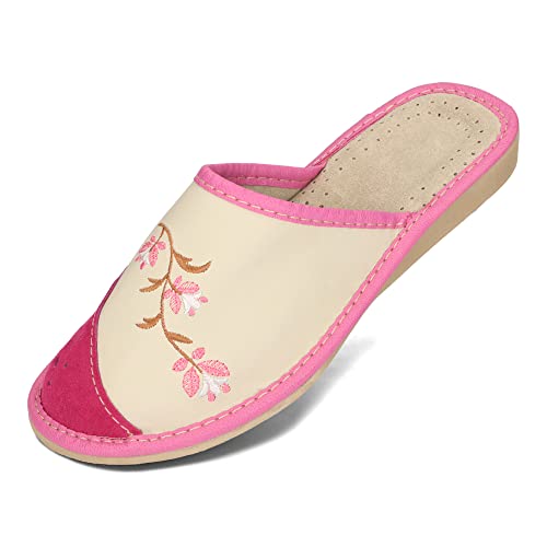 BAWAL Damen Hausschuhe aus Leder Beige Schwarz Braun Rot Pantoffeln Bequeme und Atmungsaktive Schuhe Größen 36-41 EU (Beige-Rosa, eu_footwear_size_system, adult, numeric, medium, numeric_38) von BAWAL