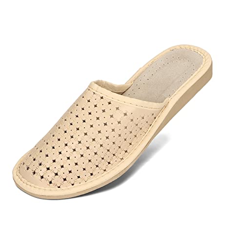 BAWAL Damen Hausschuhe aus Leder Beige Schwarz Braun Rot Pantoffeln Bequeme und Atmungsaktive Schuhe Größen 36-41 EU (Beige 1, eu_footwear_size_system, adult, numeric, medium, numeric_41) von BAWAL