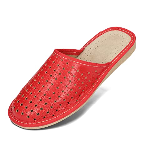 BAWAL Damen Hausschuhe aus Leder Beige Schwarz Braun Rot Pantoffeln Bequeme und Atmungsaktive Schuhe Größen 36-41 EU (Rot 1, eu_footwear_size_system, adult, numeric, medium, numeric_37) von BAWAL
