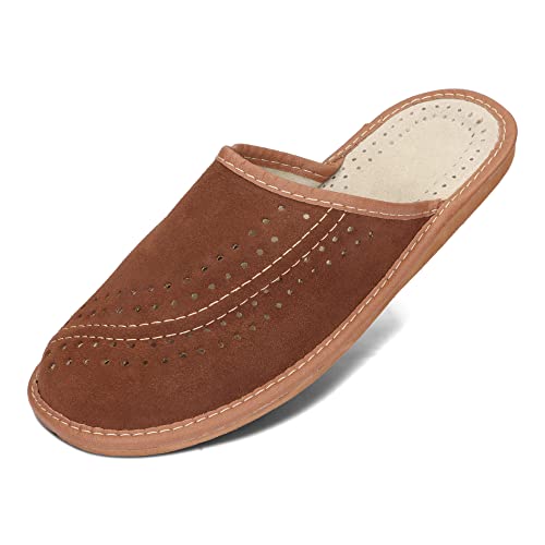 BAWAL Herren Hausschuhe Leder Pantoffeln Suede Wildleder Männer Lederhausschuhe Blau Braun 40-46 EU (Braun, EU Schuhgrößensystem, Erwachsene, Numerisch, M, 45) von BeComfy