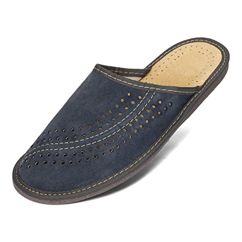 BAWAL Herren Hausschuhe Leder Pantoffeln Suede Wildleder Männer Lederhausschuhe 40-46 EU (Dunkelblau, 44) von BAWAL