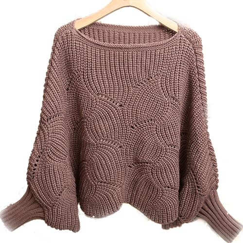 Ausschnitt Lose Pulli Strickpullover Outwear, Drop Shoulder Kurz Pullover Sweater,Boot-Ausschnitt Batwing Ärmel Dolman Lose gestrickte Pullover und Pullis Pullover Tops für Frauen (Braun,M) von BAWUTZ