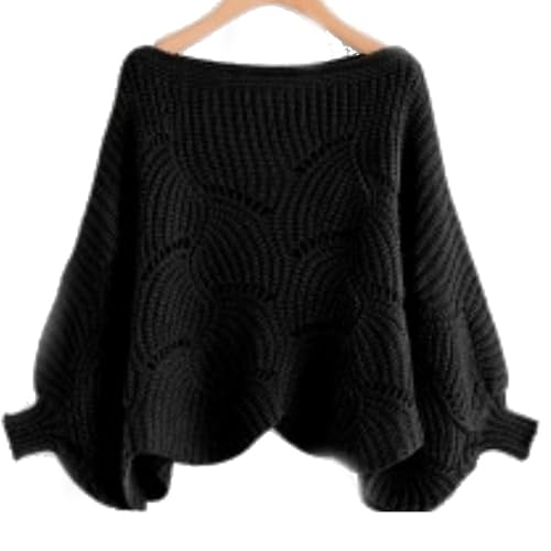 Ausschnitt Lose Pulli Strickpullover Outwear, Drop Shoulder Kurz Pullover Sweater,Boot-Ausschnitt Batwing Ärmel Dolman Lose gestrickte Pullover und Pullis Pullover Tops für Frauen (Schwarz,M) von BAWUTZ