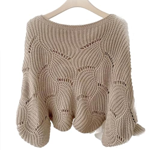 BAWUTZ Ausschnitt Lose Pulli Strickpullover Outwear, Drop Shoulder Kurz Pullover Sweater,Boot-Ausschnitt Batwing Ärmel Dolman Lose gestrickte Pullover und Pullis Pullover Tops für Frauen (Khaki,M) von BAWUTZ