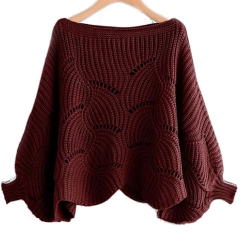 BAWUTZ Ausschnitt Lose Pulli Strickpullover Outwear, Drop Shoulder Kurz Pullover Sweater,Boot-Ausschnitt Batwing Ärmel Dolman Lose gestrickte Pullover und Pullis Pullover Tops für Frauen (Rot,M) von BAWUTZ