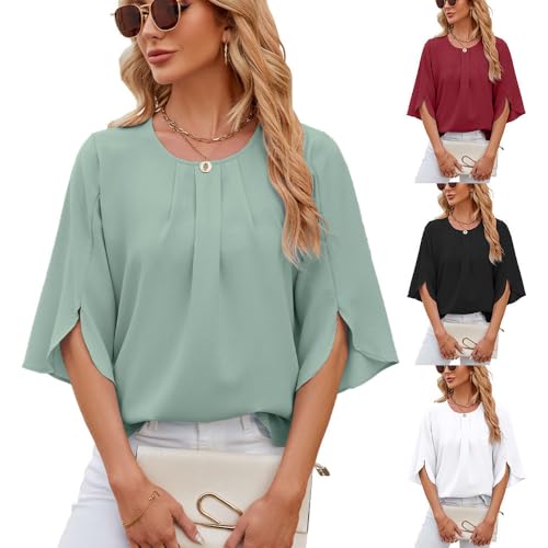 BAWUTZ Bluse Damen 3/4 Arm Oberteile,Lässige Oberteile Lose Rundhals Tunika Shirt Casual Tops,Elegant Lose Hemd mit 3/4 Arm Knopf T-Shirts (Grün,M) von BAWUTZ