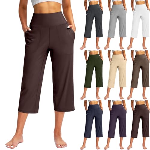 BAWUTZ Capri-Hose für Damen, lässige Sommer-Caprihose mit weitem Bein,Sommer-Caprihose mit weitem Bein und Taschen, Bauchkontrolle, Yoga-Caprihose, Kurze Hose mit Taschen (M,Braun) von BAWUTZ