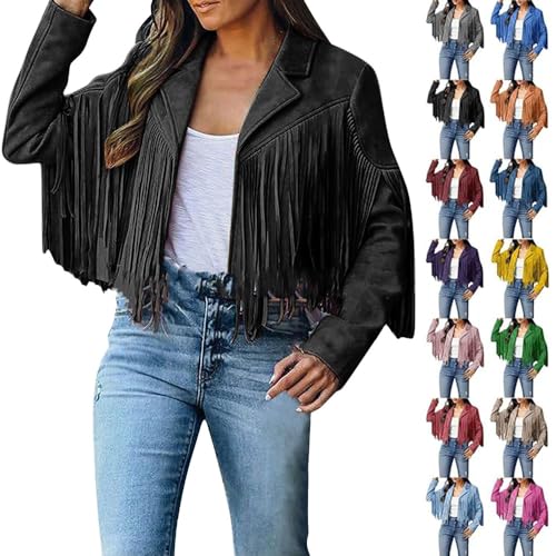 BAWUTZ Damen Fransen Quaste Jacke Revers, Langarm Übergangsjacke Kurze Fransenjacke,Elegant Jeansjacke Jeans Jacke Lederimitat Vintage Kunstlederjacke Jeansmantel (Schwarz,L) von BAWUTZ