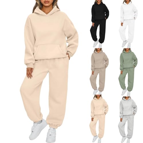 Earnmore Damen Hausanzug mit Kapuze 2 Teile, Damen Jogginganzug Set Sweatshirt mit Hose Elegant Freizeitanzug,Sport Hosenanzug Langarm Hoodie Hausanzug (Aprikose,L) von Earnmore
