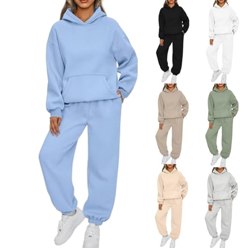 BAWUTZ Damen Hausanzug mit Kapuze 2 Teile, Damen Jogginganzug Set Sweatshirt mit Hose Elegant Freizeitanzug,Sport Hosenanzug Langarm Hoodie Damen Hausanzug (Blau,L) von BAWUTZ